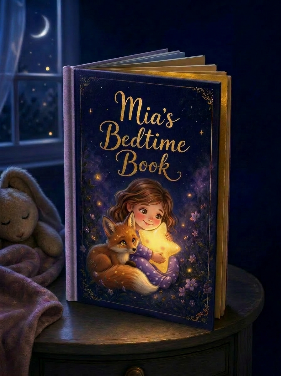 A personalized hardcover Lullaby storybook titled Mia's Bedtime Book, resting on a nightstand at bedtime